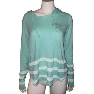 PINK Victoria's Secret Green Striped Logo Sleep Hoodie Shirt Medium EUC